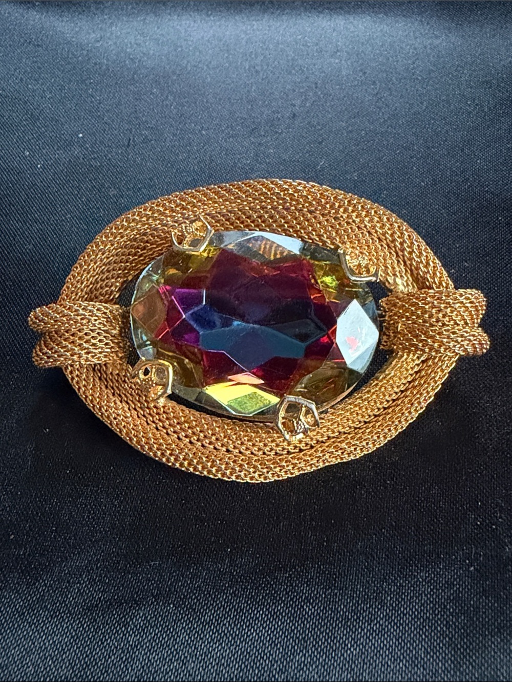 Vintage Lava Red Rhinestone & Aurora Borealis with Gold Tone Mesh Brooch